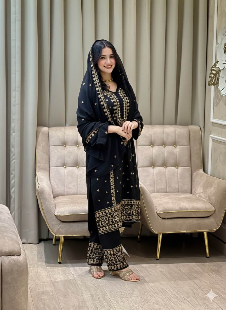 Black Heavy Faux Georgette Suit Set with Sequence Embroidery Work
