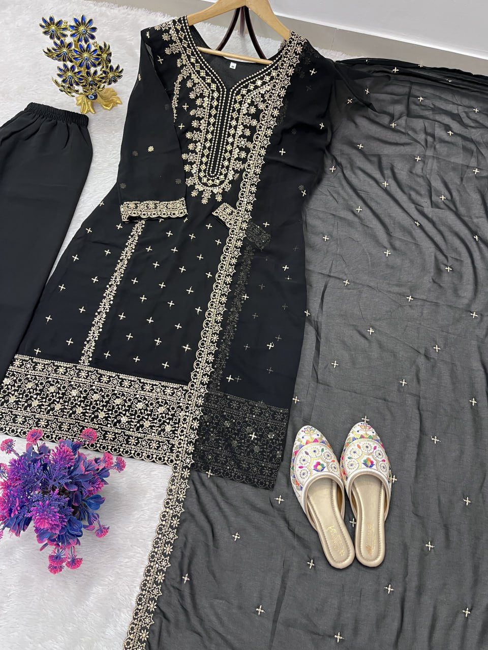 Black Heavy Faux Georgette Suit Set with Sequence Embroidery Work