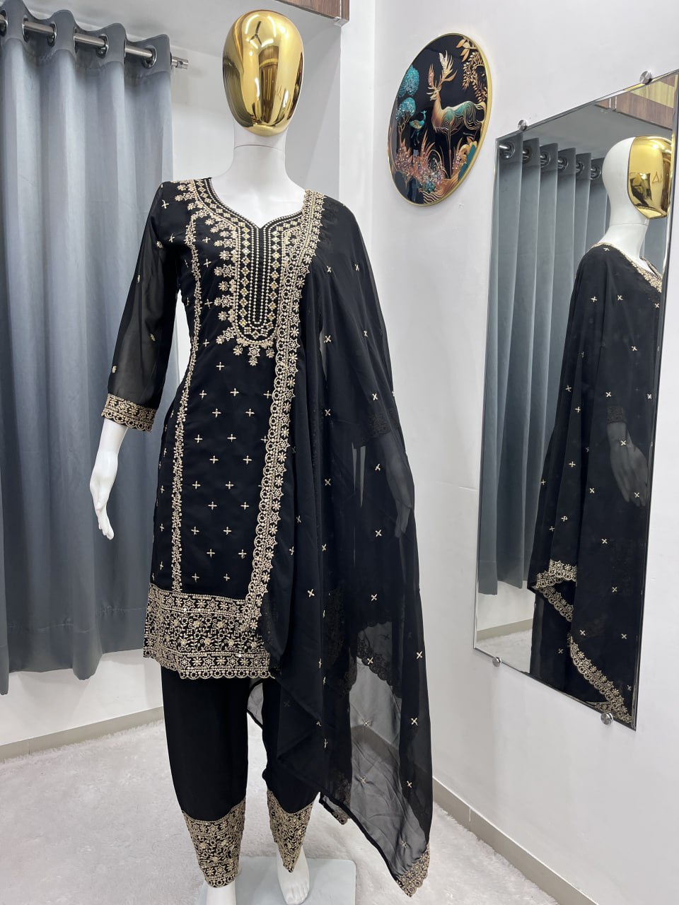 Black Heavy Faux Georgette Suit Set with Sequence Embroidery Work