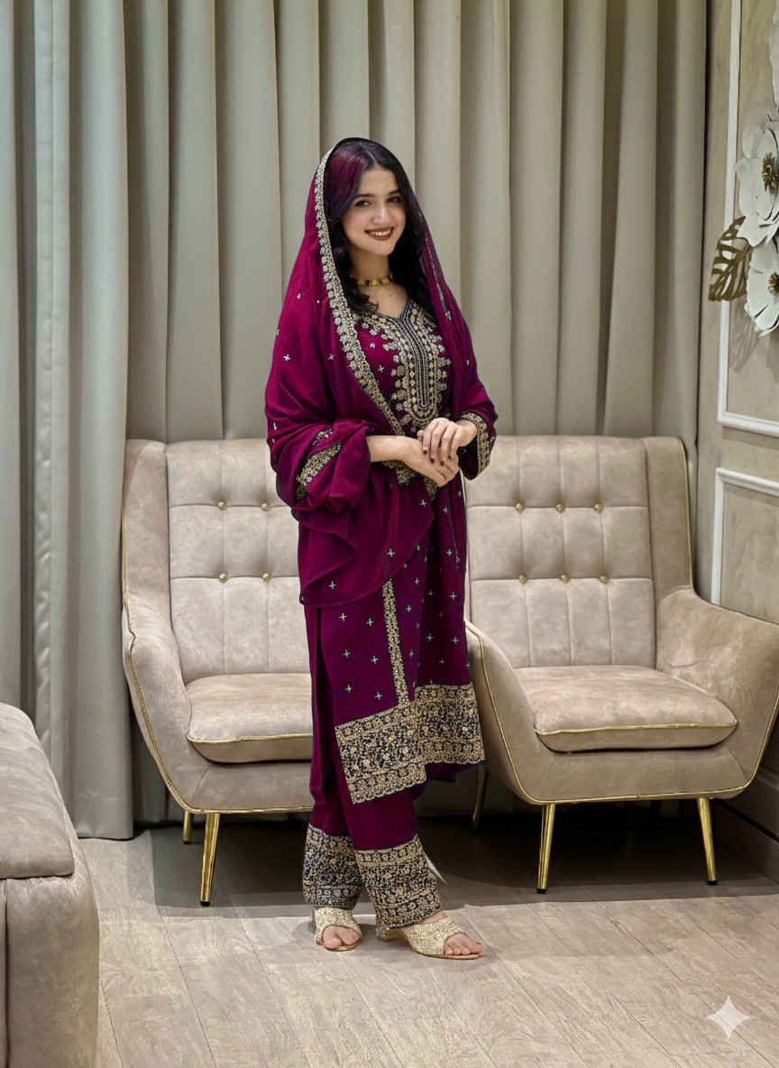 Festival Special Wine Color Faux Georgette Designer Suit with Heavy Sequence Work