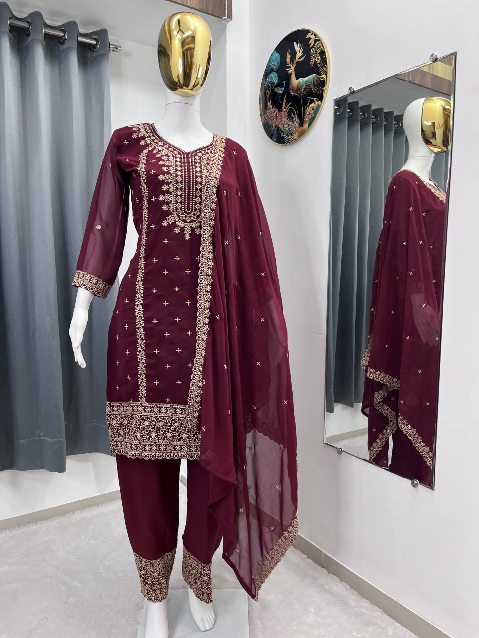 Festival Special Wine Color Faux Georgette Designer Suit with Heavy Sequence Work