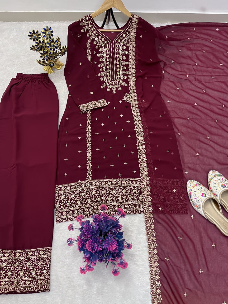 Festival Special Wine Color Faux Georgette Designer Suit with Heavy Sequence Work