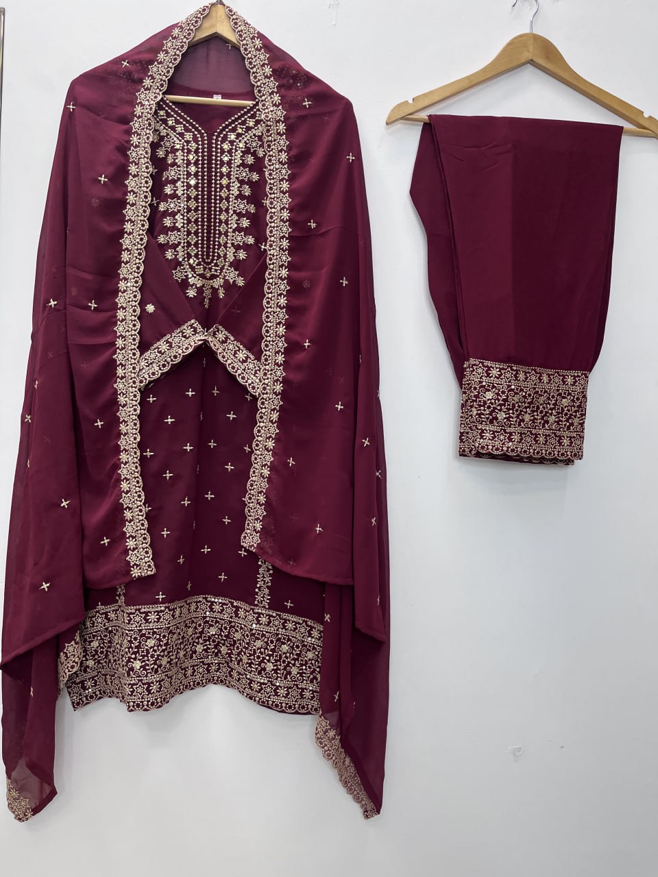 Festival Special Wine Color Faux Georgette Designer Suit with Heavy Sequence Work