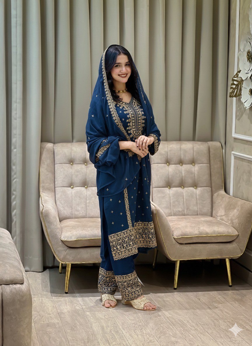 Navy Blue Heavy Faux Georgette Suit Set with Sequence Embroidery Work