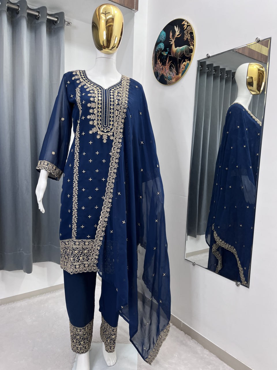 Navy Blue Heavy Faux Georgette Suit Set with Sequence Embroidery Work