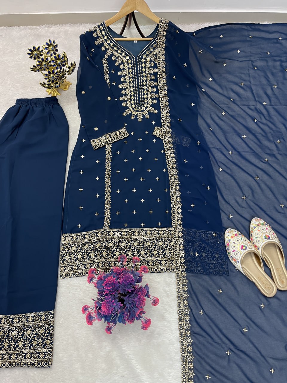 Navy Blue Heavy Faux Georgette Suit Set with Sequence Embroidery Work