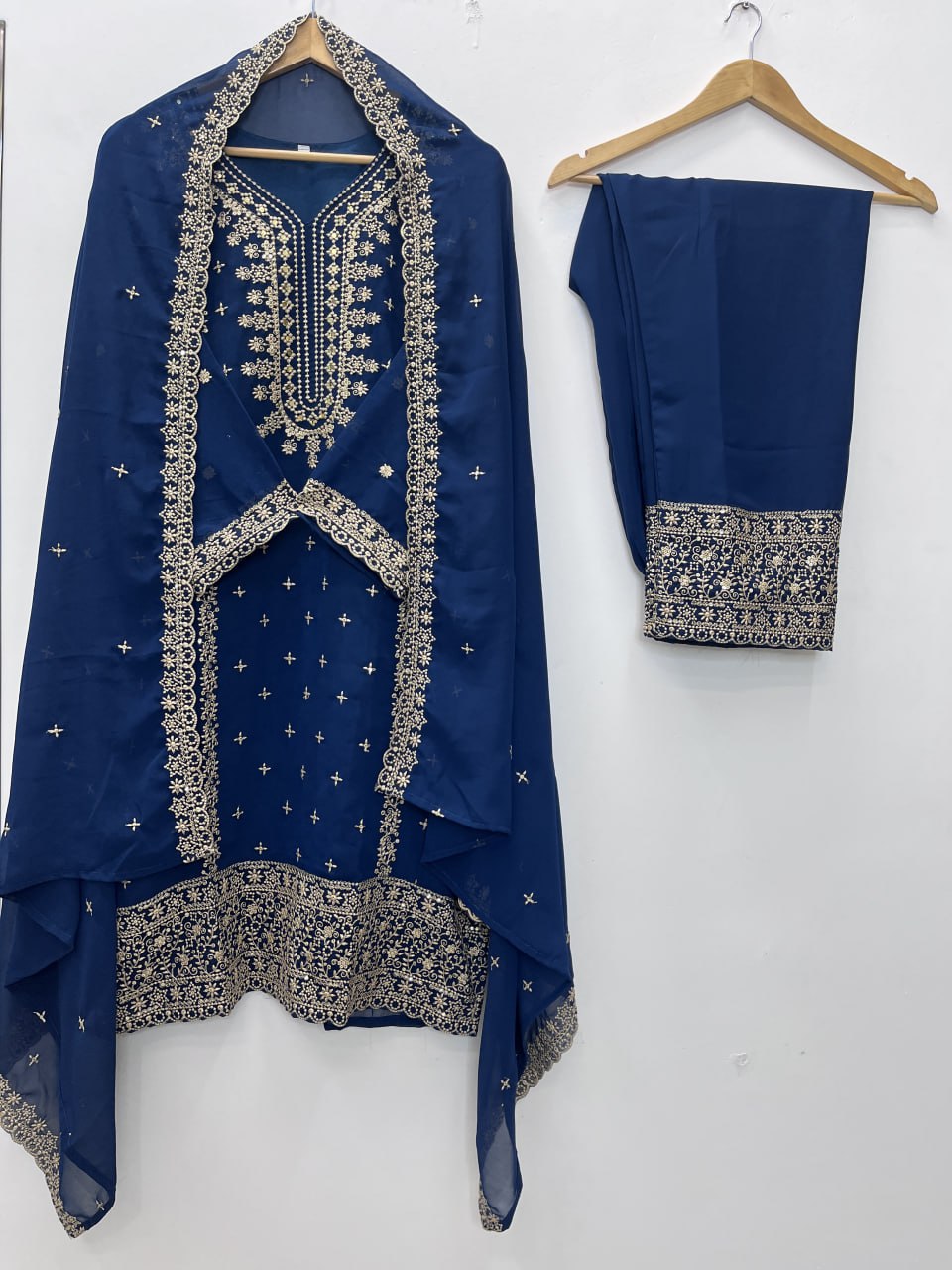 Navy Blue Heavy Faux Georgette Suit Set with Sequence Embroidery Work