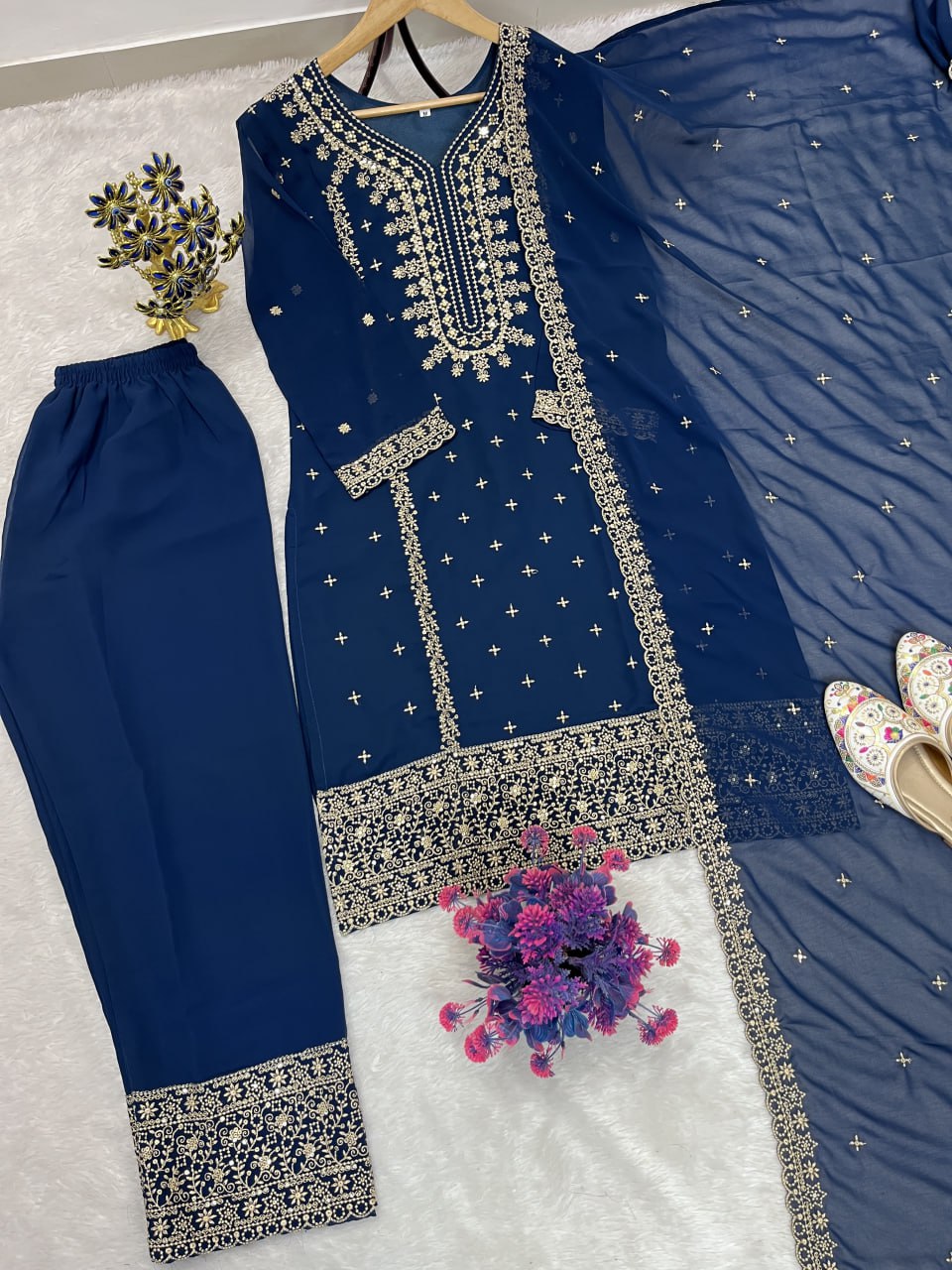 Navy Blue Heavy Faux Georgette Suit Set with Sequence Embroidery Work