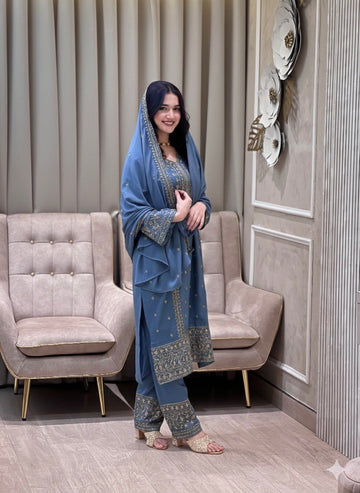 Grey Blue Heavy Faux Georgette Suit Set with Sequence Embroidery Work