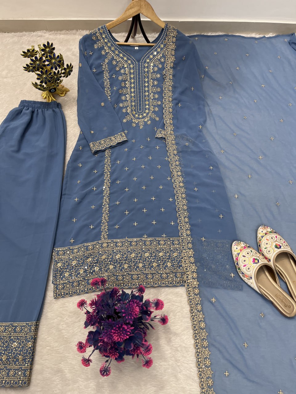 Grey Blue Heavy Faux Georgette Suit Set with Sequence Embroidery Work