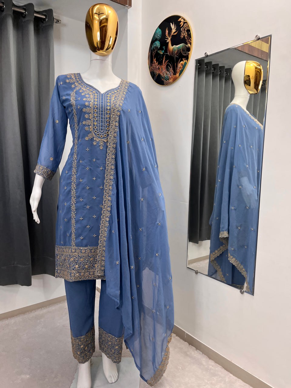 Grey Blue Heavy Faux Georgette Suit Set with Sequence Embroidery Work