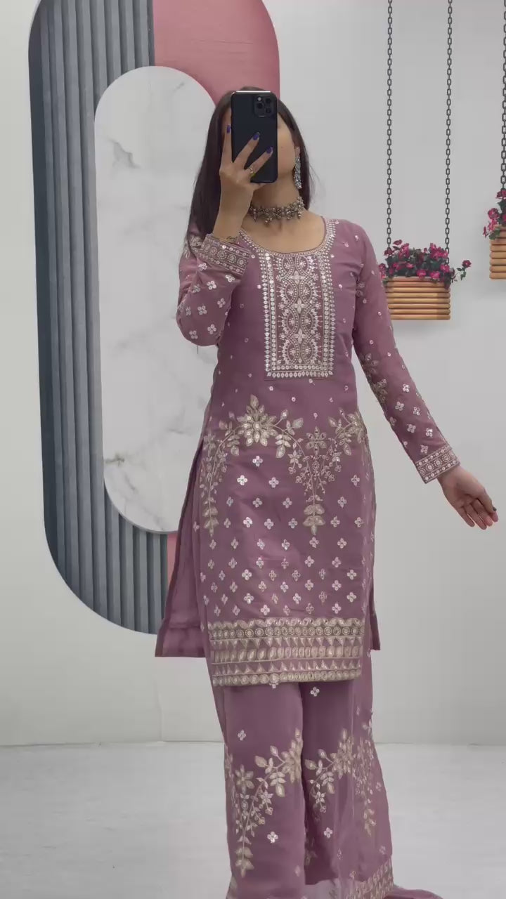 Dusty Rose Designer Party Wear Top Plazzo & Dupatta Set