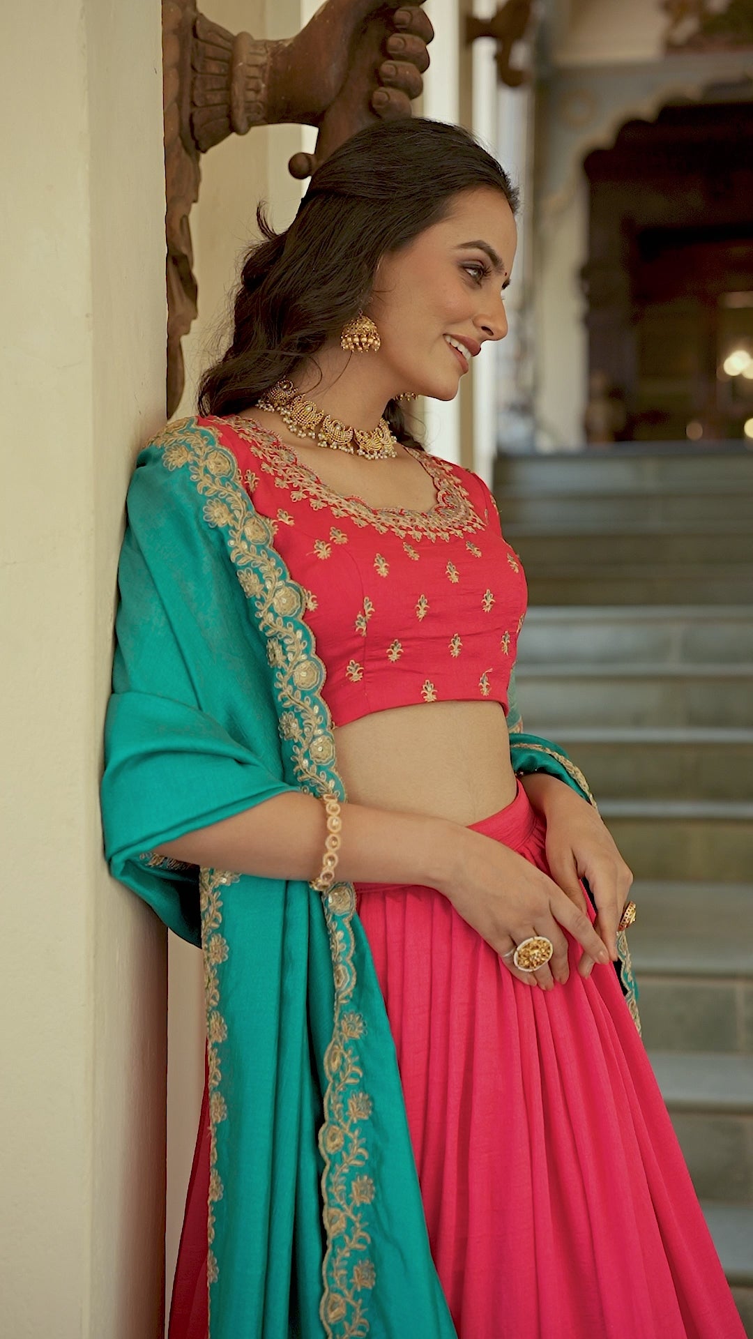 Rani Pink Lehenga Choli with Teal Blue Embroidered Dupatta