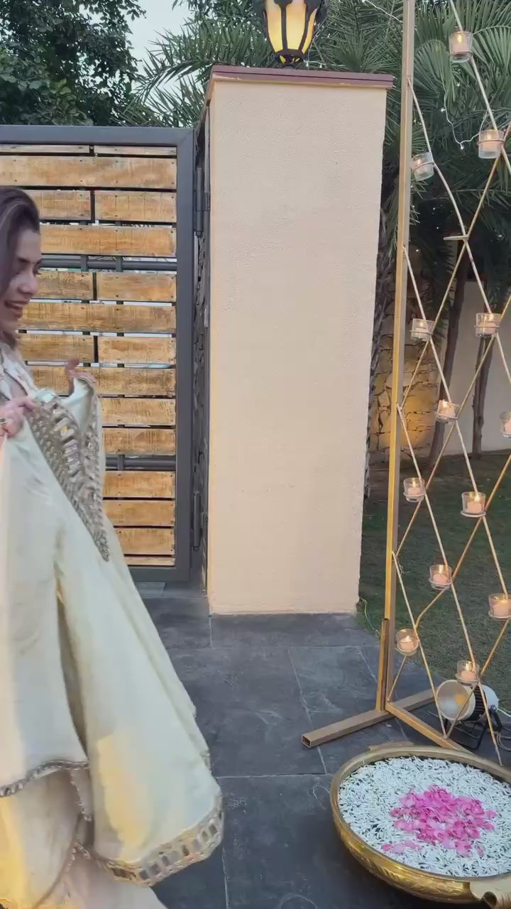 Pastel Lemon Yellow Chinon Silk Sharara Set with Heavy Mirror Work