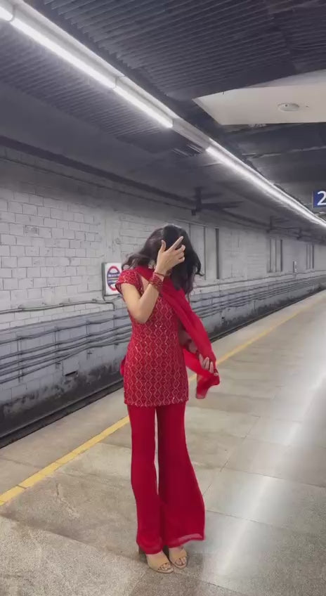 A Bright Red Sequin Sharara Set