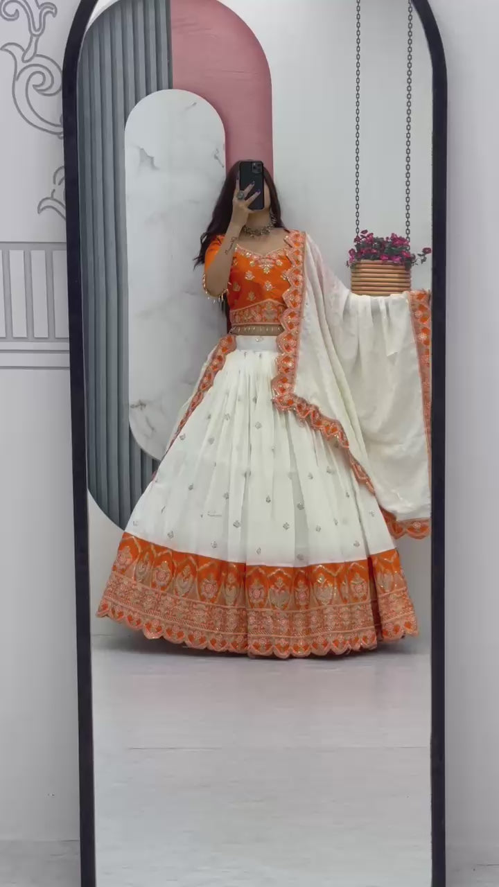 Orange & White Embroidered Lehenga Choli Set with Dupatta