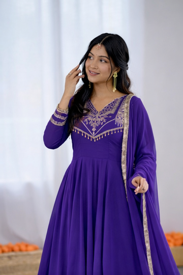 Royal Purple Designer Embroidered Anarkali Kurta Set with Dupatta