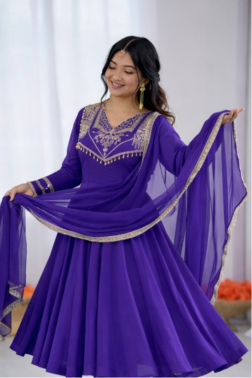 Royal Purple Designer Embroidered Anarkali Kurta Set with Dupatta