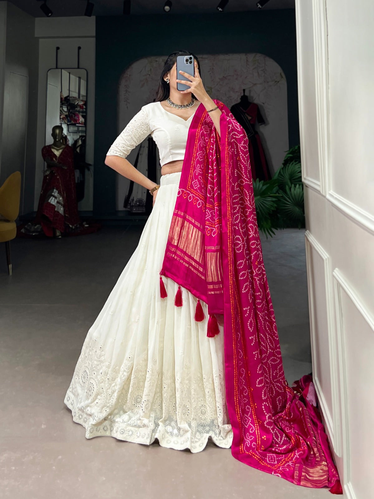 White Georgette Lucknowi Mirror Work Lehenga with Gaji Silk Dupatta