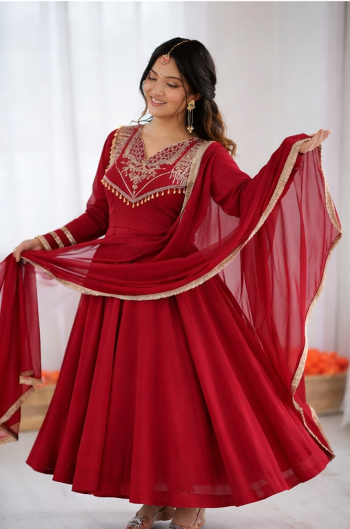 Maroon Designer Embroidered Anarkali Kurta Set with Dupatta